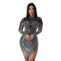 Detail of silver rhinestones and mesh fabric on a black bodycon mini dress - S / Black