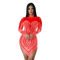 Detailed view of red bodycon dress featuring sparkling rhinestones and heart patterns - S / Red