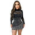 Detail of black mesh dress with glittering rhinestones, pearls, and metallic chain fringe - S / Black