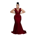 Detail of elegant wine red deep V-neck evening gown with pleated waist and fishtail hem - Burgundy