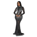 Detail of sheer mesh patchwork and glittering rhinestones on a black fitted evening gown - S / Black