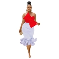Detail of red bow strapless top and white high waist fishtail skirt with ruffled hemline - Red