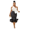 Detail of elegant strapless bow top and black mermaid skirt with ruffled hemline - Black