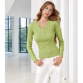 Grasgrünes Langarm-Henley-T-Shirt für Damen mit V-Ausschnitt, Spitze und weißen Knöpfen - S / Grün