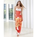 Damen langes Spaghettiträger-Kleid mit rot-gelbem Blumendruck im tropischen Stil - S / Orange Bedruckt