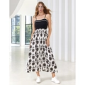 Elegant high-waist summer maxi dress with black bodice and white floral print skirt - S / White