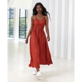 Elegante abito lungo senza schienale arancione scuro con scollo a V a pieghe e vita alta - S / Marrone Rosso