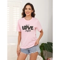 Pink crew neck short sleeve T-shirt with First Love Yourself leopard heart print - S / First Love Leopard Heart Style (Pink)