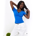 Slim fit bright blue short sleeve V-neck ribbed T-shirt with cutout detailing - S / Royal Blue