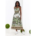 Böhmisches Maxikleid mit Blumenmuster, Trägern und geometrischer Ethno-Bordüre - S / Regenbogen
