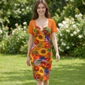 Independence Day bodycon dress with sunflower rose and US flag print on orange fabric - S / Orange