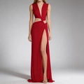 Elegant deep V-neck red maxi dress with waist cut-outs and a high side slit detail - Red
