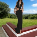 Sexy black deep V-neck floor-length dress with waist cut-outs and halter neck style - Black