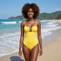 Yellow V-neck one-piece swimsuit with sun-shaped charm on tropical beach background - S / Yellow