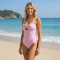 Pink one-piece swimsuit with polka dot straps and ring cutout for beach vacation - S / Pink