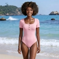 Bañador rosa de una pieza con mangas cortas y botones dorados con cuello cuadrado playa - S / Rosa