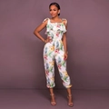 Tuta da donna bianca con stampa di ananas colorati e scollatura con volant - S / Bianco