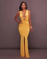 Elegantes, leuchtend gelbes ärmelloses Abendkleid mit tiefem V-Ausschnitt und hohem Schlitz - S / Gelb