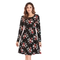 Abito longuette a fiori da donna a maniche lunghe con girocollo e gonna a trapezio nera - S / Nero Floreale