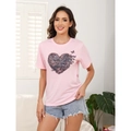 Pink crewneck t-shirt with heart graphic print paired with denim shorts for women - S / Enigmatic Art Heart Style (Pink)