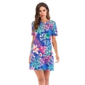 Floral short sleeve mini dress in bright blue tropical print with round neck for summer - S / Blue Tropical Floral