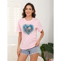 Pink crew neck t-shirt with heart-shaped ocean pattern featuring shells and starfish - Pearl Shell Heart Style (Pink)