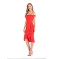 Abito midi rosso attillato con orlo a balze e scollatura asimmetrica a spalle scoperte - S / Rosso