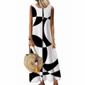 Robe longue d'été sans manches pour femmes avec imprimé géométrique noir et blanc audacieux - Style Épissage Anneaux Géométriques Blanc Noir (LT-CQ-24)