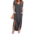 Women's V-neck short sleeve loose maxi dress with side slits and pockets in dark grey - S / Dark Gray