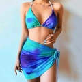 Detail view of tie-dye gradient bikini set with side-tie mesh beach skirt on model - Blue Green Purple Gradient Tie Dye Style (Y03-10001-002)