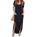 Women's black V-neck short sleeve loose maxi dress with side slits and hidden pockets - S / Black
