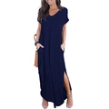 Dark blue V-neck maxi dress with short sleeves and side slits, featuring side pockets - S / Navy Blue