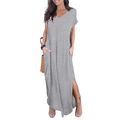 Light grey V-neck short sleeve maxi dress with side slits and pockets for casual wear - S / Light Gray