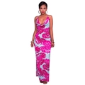Sexy rückenfreies Neckholder-Maxikleid mit rosa und blauem tropischem Blattmuster - S / Rosarot