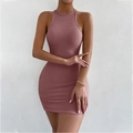 Mini vestido sexy sin mangas de punto gofrado en color rosa empolvado con ajuste ceñido - M / Rosa Loto