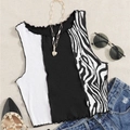 Chic patchwork stripe knit crop top with zebra print and lettuce hem for women - Black (GA148-001)