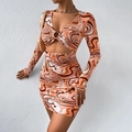 Abito aderente sexy a maniche lunghe con stampa marmorizzata e dettaglio cut-out - S / Arancione