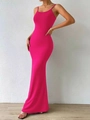 Slim fit hot pink knitted maxi dress with spaghetti straps and elegant bodycon silhouette - XS / Rose Red