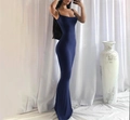 Elegant slim fit navy blue knitted maxi dress with minimalist thin straps for women - XS / Navy Blue