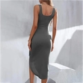 Grey square neck sleeveless dress with slim fit waist and asymmetrical split hemline - S / Dark Gray