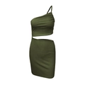 Army green one-shoulder knit mini dress with waist cutout and ribbed texture - S / Dark Green