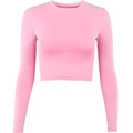 Women's pink long sleeve rib-knit crop top with a slim fit and classic crew neck - S / Pink