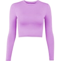 Slim fit lavender long sleeve crop top with ribbed texture and classic crew neck - S / Lavender