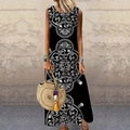 Robe longue bohème sans manches noire avec motifs mandala blancs et une coupe décontractée - Style Floral Rétro Mandala Noir (LT-CQ-62)