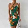 Slim fit green floral slip dress with cowl neck and side slit for summer beach parties - S / Dark Green Floral