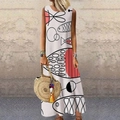 Robe longue sans manches beige avec imprimé de poisson artistique pour l'été - Style Géométrique Poisson Abstrait Blanc Cassé (LT-CQ-65)