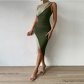 Tight-fitting asymmetric shoulder dress in olive green and light cyan with side slit - Green and Light Cyan Style (GA172-002)