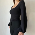 Slim fit black long sleeve top featuring puff lantern sleeves and a flattering U-neckline - S / Black