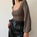 Coffee brown lantern sleeve top and black leather pants set with U-neck design - Brown