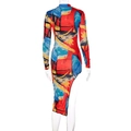 Robe moulante à manches longues avec imprimé peinture à l'huile et ourlet asymétrique - S / Imprimé Multicolore GA189-001